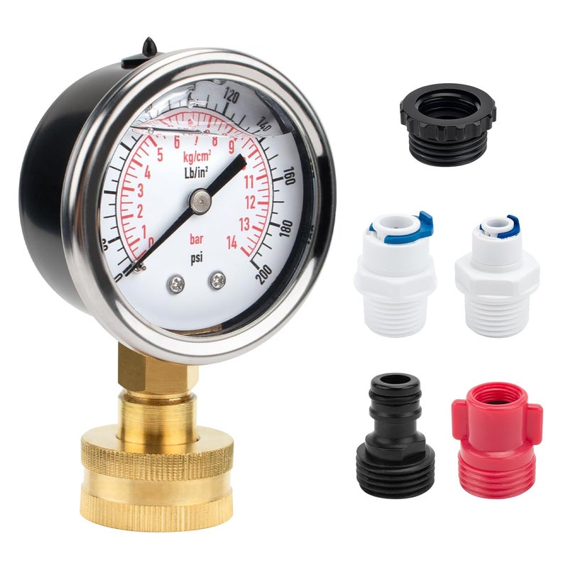 PROSOCOOL Universal Water Pressure Glycerin Filled Gauge Kit 0-200 Psi for All Purpose Water Pressure Measurement, 3/4" Female Garden Hose Thread Water Dial Gauge with Extra 5 Adapters for Multiple Use - Image 1